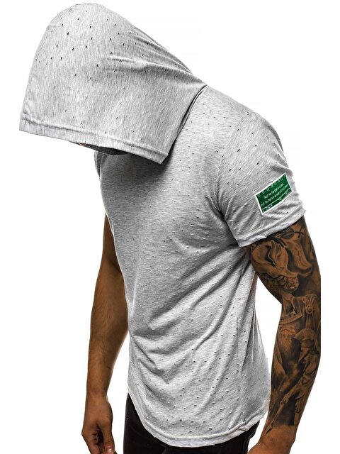 Madmext Yırtık Detaylı Gri Kapüşonlu %100 Pamuk Tişört 3069 - S000054224-20600