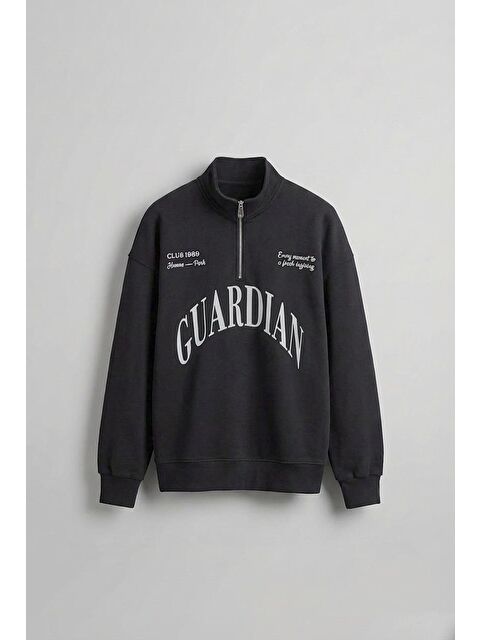 Abluka Online Erkek Oversize Yarım Fermuarlı Dik Yakalı Baskılı Sweatshirt Antrasit - S000314987-29666