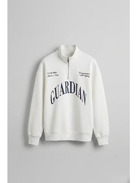 Abluka Online Erkek Oversize Yarım Fermuarlı Dik Yakalı Baskılı Sweatshirt Ekru - S000314987-19965