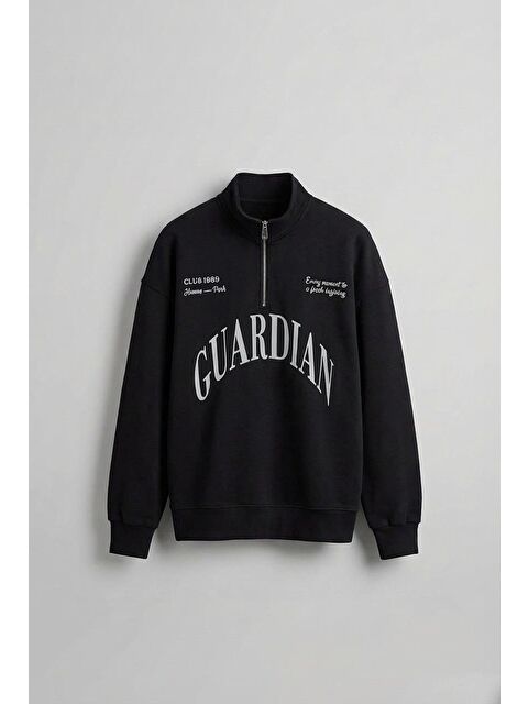Abluka Online Erkek Oversize Yarım Fermuarlı Dik Yakalı Baskılı Sweatshirt Siyah - S000314987-19351