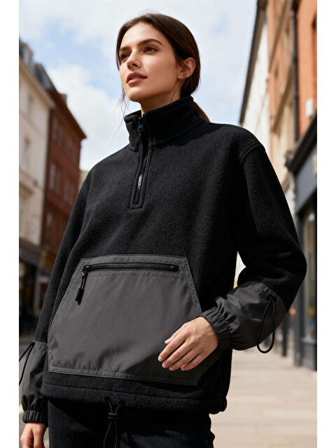 Tommylife Siyah Etek Ucu Büzgülü Yarım Fermuarlı Oversize Kadın Polar Sweatshirt - 97238 - S000194211-19351