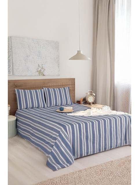 UPSTYLE Sport Çizgili Çarşaf + Yastık Kılıfı Seti Çift Kişilik Soft Line Lacivert