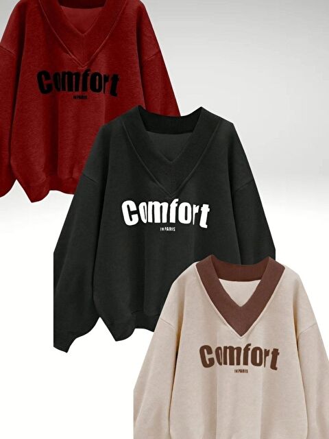 Trendseninle Kadın 3 Iplik Kırmızı Siyah Bej 3'lü Comfort In Paris Baskılı V Yaka Oversize Sweatshirt - S000322189-23173