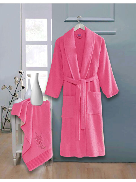 UPSTYLE Bornoz - Nakışlı Havlu Seti Cora Fuşya L/XL+45x85cm - S000379829-18686