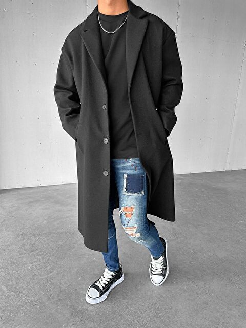 Abluka Online Erkek Oversize İtalyan Kaşe Kaban Palto Siyah - S000333075-19351