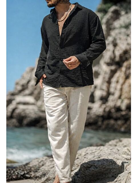 Tarz Cool Erkek Uzun Kollu Gömlek Yaka Keten Oversize Gömlek - S000232253-19351
