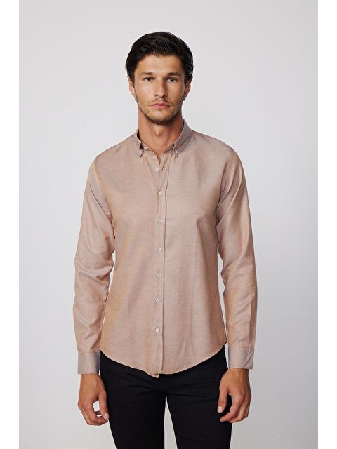 TUDORS Slim Fit Uzun Kollu Düğmeli Yaka Pamuklu Kolay Ütü Düz Erkek Gömlek - S000024665-29738