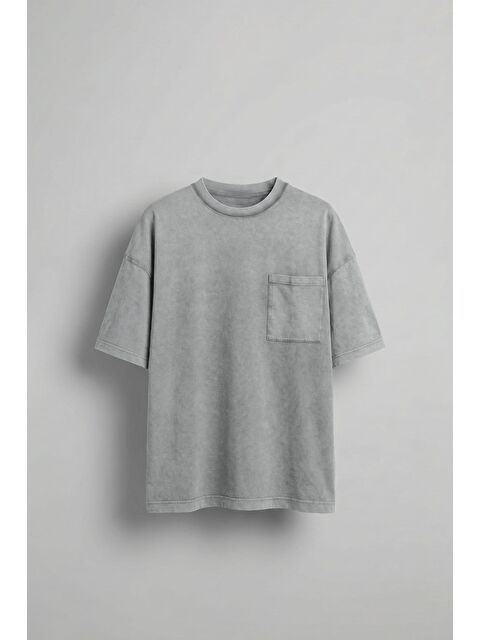 Abluka Online Erkek Yıkamalı Dikiş Detaylı Oversize T-Shirt Gri - S000365719-20600