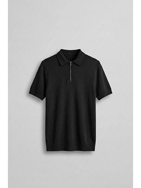 Abluka Online Erkek Yarım Fermuarlı Polo Yaka Triko T-Shirt Siyah - S000362434-19351