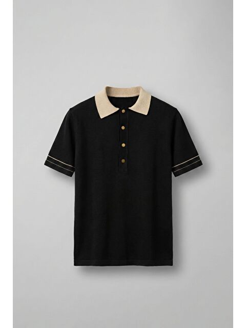 Abluka Online Erkek Kontrast Polo Yaka Premium Regular Fit T-Shirt Siyah - S000365684-19351