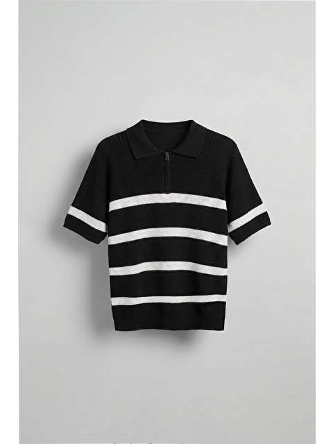 Abluka Online Erkek Oversize Örme Triko Polo Yaka T-Shirt Siyah - S000160860-19351