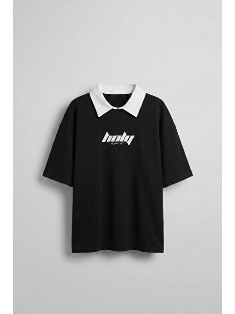 Abluka Online Erkek Oversize Polo Yaka Dokulu Esnek Rahat Baskılı T-Shirt Siyah - S000176083-19351