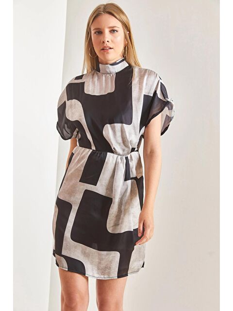 SHADE Kadın Kruvaze Yaka Eteği Astarlı Pileli Desenli Elbise - S000020098-37216