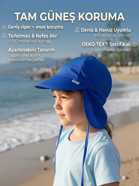 Yorni Flap, Ense Korumalı, Boyundan Bağlamalı, Arkadan Ayarlı, Çocuk Bebek Güneş Şapka