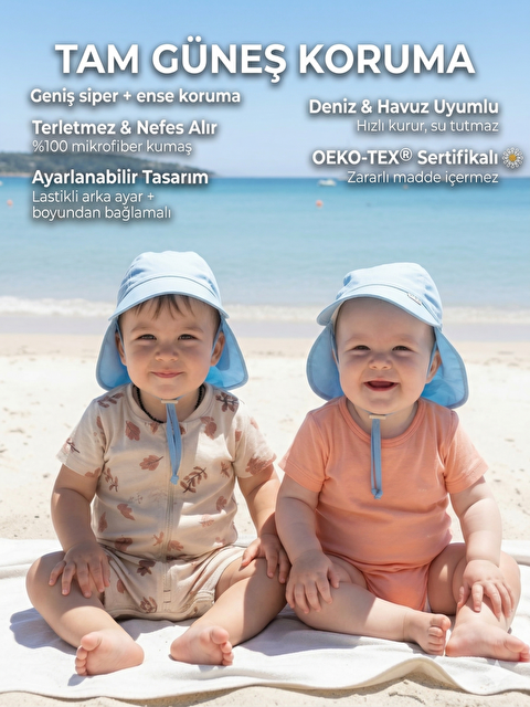 Yorni Flap, Ense Korumalı, Boyundan Bağlamalı, Arkadan Ayarlı, Çocuk Bebek Güneş Şapka