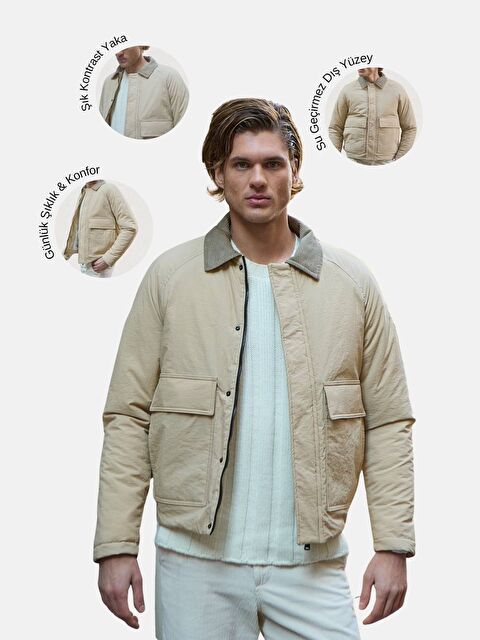 Danger Su Geçirmez Kapitone Bej Mont Kadife Yaka Detaylı Mont - S000341800-19928