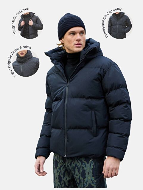 Danger Erkek Garnili Su Ve Rüzgar Geçirmez Oversize Şişme Mont Siyah - S000261875-19351