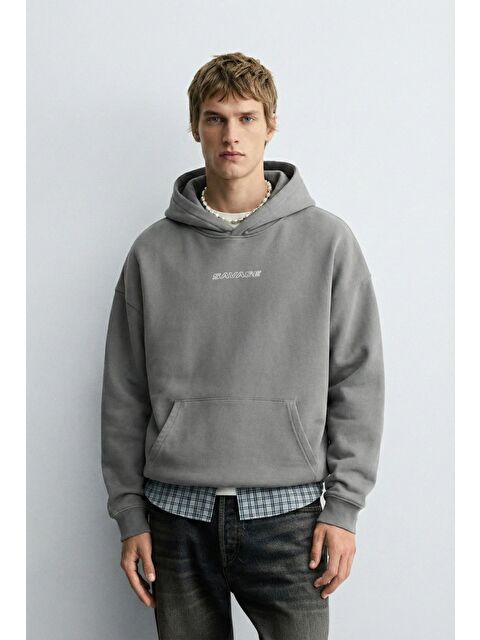 Abluka Online Unisex Oversize Savage Baskılı Premium Kapüşonlu Erkek Hoodie Gri - S000314980-20600