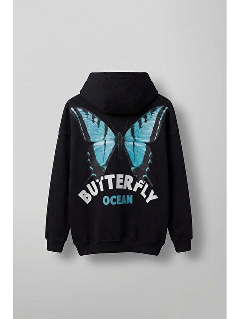Abluka Online Erkek Oversize Butterfly Baskılı Kapüşonlu Hoodie Siyah - S000113013-19351