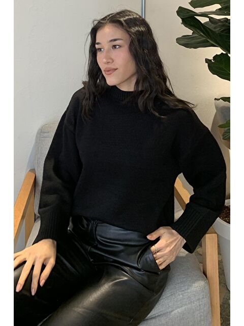 Madmext Siyah Bisiklet Yaka Oversize Triko Kazak Mg1972 - S000127733-19351