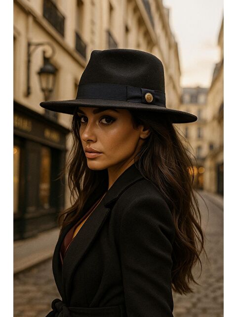 Luminos Butik Kadın Siyah Geniş Kenarlı Şapka   Altın Renk Düğmeli  Siyah Bantlı  Ve Modern Tasarım Spk1145 - S000277481-19351