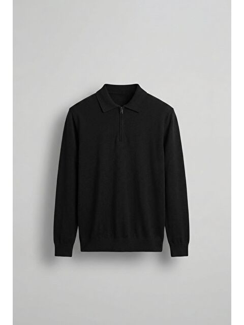 Abluka Online Erkek Yarım Fermuarlı Polo Yaka Triko Kazak Siyah - S000314988-19351