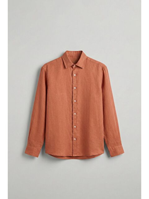 Abluka Online Erkek Uzun Kollu Regular Fit %100 Keten Gömlek Turuncu - S000365715-20013