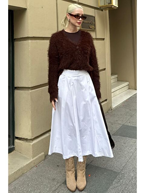 Madmext Beyaz Pileli Cepli Kadın Midi Boy Etek Mg2536 - S000424614-20063