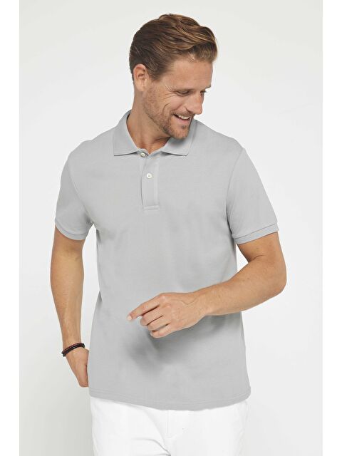 TUDORS Erkek Slim Fit Dar Kesim %100 Pamuk Düz Pike Gri Polo Yaka Tişört
