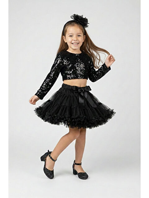 Le Mabelle Siyah Uzun Kollu Pullu Kız Çocuk Crop Bluz - S000464294-19351