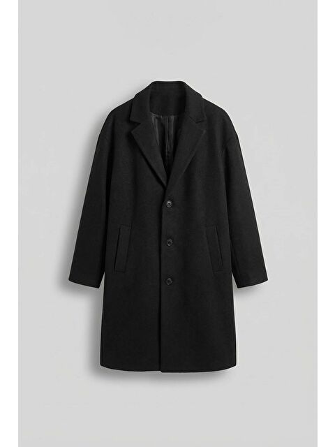 Abluka Online Erkek Oversize Uzun İtalyan Kaşe Kaban Siyah - S000333075-19351