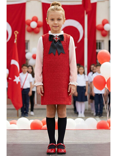 Parla Kids Kız Çocuk Vanessa Broş Detaylı Tüvit Kırmızı Uzun Kollu Yılbaşı Elbisesi 23 Nisan Gösteri Kıyafeti - S000464864-20045