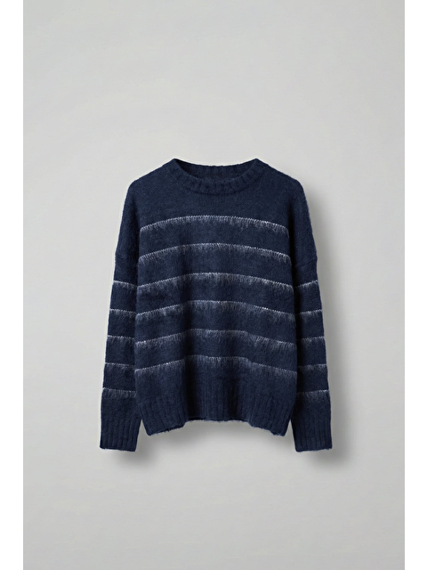 Abluka Online Erkek Oversize Çizgili Tüylü Triko Kazak Lacivert - S000457375-21164