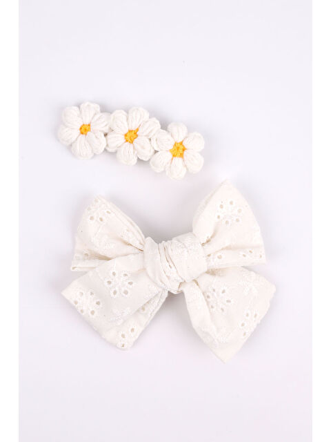 Le Mabelle Ekru Fisto Fiyonk Örgü Çiçek 2'li Klips Toka - S000237168-19965