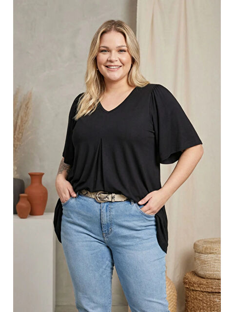 Stil Diva Büyük Beden V Yaka Desensiz Asimetrik Kesim Elastanlı Bluz 320315 - S000136837-19351