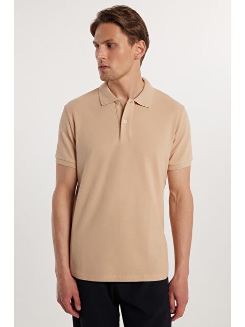 TUDORS Erkek Slim Fit Dar Kesim %100 Pamuk Düz Pike Taş Renk Polo Yaka Tişört