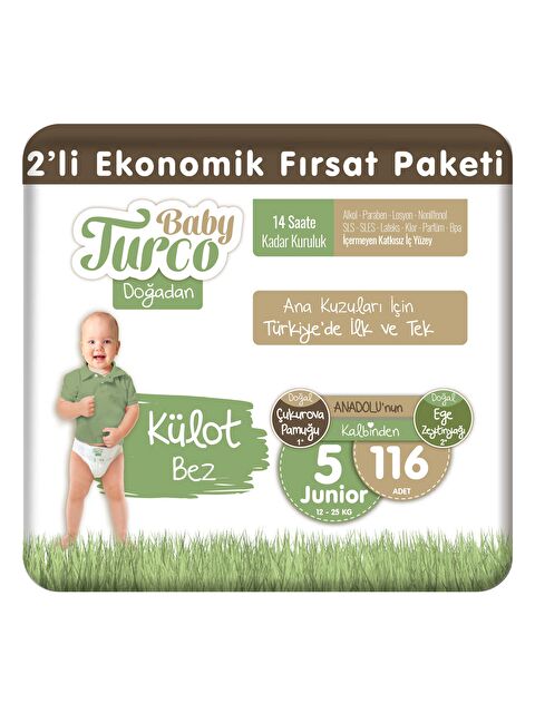 Baby Turco Doğadan 2'li Ekonomik Fırsat Paketi Külot Bez 5 Numara Junior 116 Adet - S000158269-10231