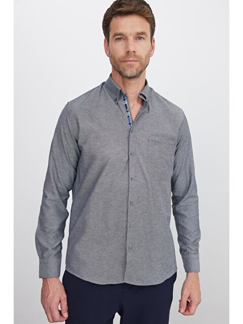 TUDORS Erkek Regular Fit Klasik Kesim Pamuklu Oxford Doku Tek Cepli Gri Düğmeli Yaka Gömlek - S000072011-20600