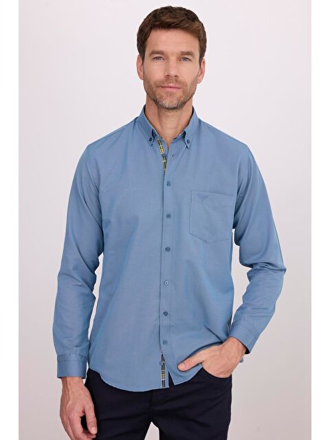 TUDORS Erkek Regular Fit Klasik Kesim Pamuklu Oxford Doku Petrol Renk Düğmeli Yaka Gömlek - S000026890-20019