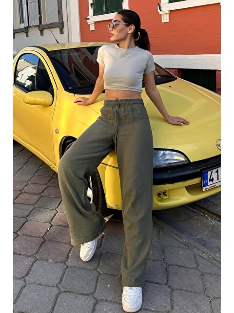 Madmext Koyu Yeşil Bol Paça Müslin Kadın Pantolon Mg1980