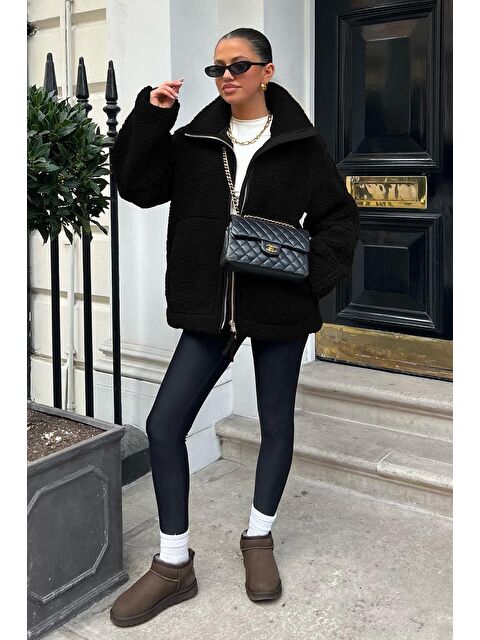 Madmext Siyah Dik Yakalı Cepli Pelüş Mont Mg1966 - S000117335-19351