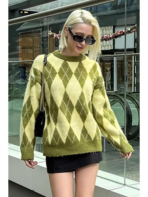 Madmext Yeşil Bisiklet Yaka Şardonlu Baklava Desenli Kazak Mg2493 - S000437745-18194