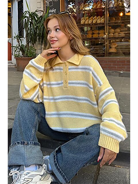 Madmext Sarı Polo Yaka Çizgili Kadın Triko Kazak Mg2469 - S000437748-20072