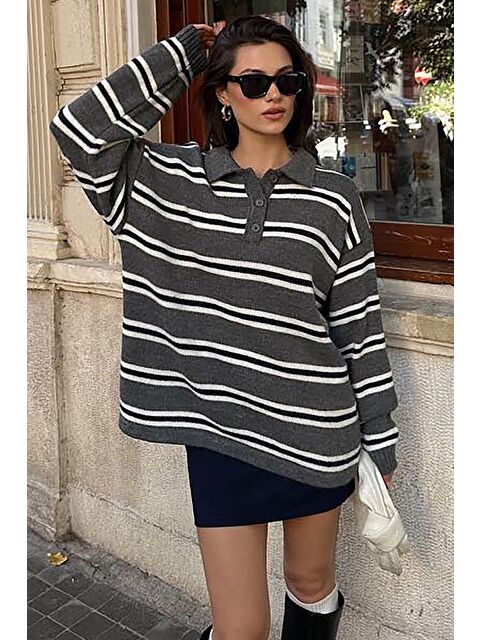 Madmext Antrasit Polo Yaka Çizgili Kadın Triko Kazak Mg2469 - S000437748-29666