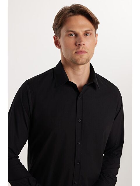 TUDORS Erkek Slim Fit Dar Kesim Pamuklu Terry Pamuk Kumaş Kolay Ütü Siyah Gömlek - S000072156-19351