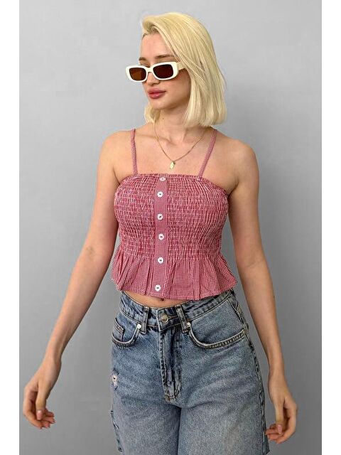 Madmext Kırmızı Ayarlanabilir Askı Pötikareli Crop Mg2371 - S000386058-20045