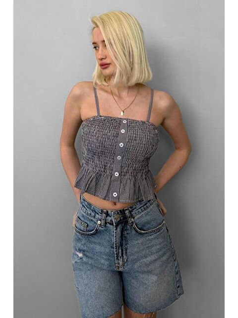 Madmext Siyah Ayarlanabilir Askı Pötikareli Crop Mg2371 - S000386058-19351