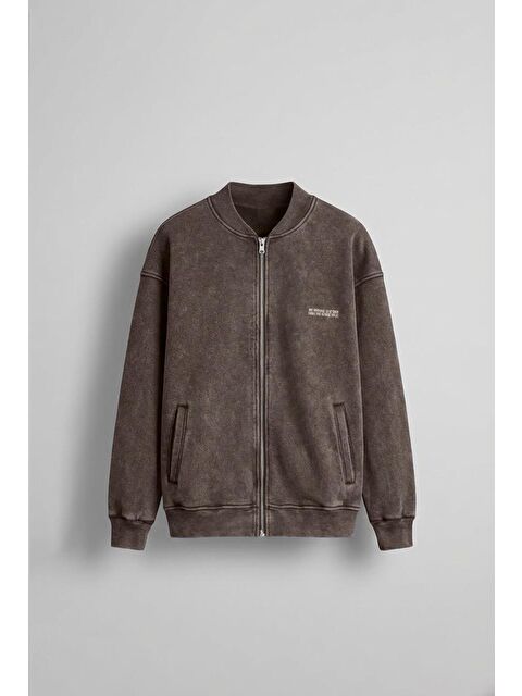 Abluka Online Oversize Yıkamalı Erkek Fermuarlı Sweatshirt Hırka Kahverengi - S000481740-19413