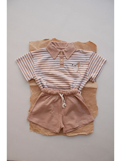 Oh La La Koala For Little Ones Koyu Bej Çizgili Koala Nakışlı Polo Yaka Şortlu Takım - S000425745-19933