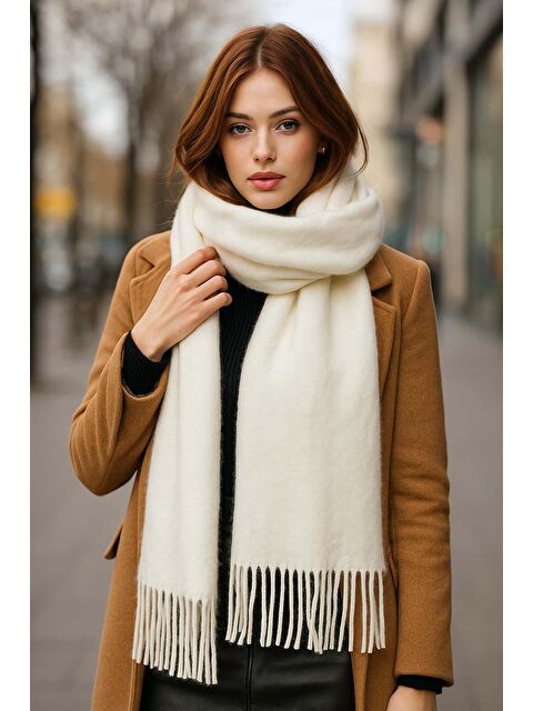 Remsa Mayo Püsküllü Buklet Atkı Şal 45X200 cm 1285 Ekru - S000121384-19965